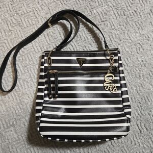 Guess Black And White Striped Crossbody Bag